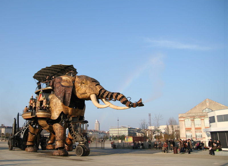 men, statue, sky, 2K, clear sky, real people, built structure, france, people, domestic animals, sculpture, machines of the isle of nantes, les machines de lîle