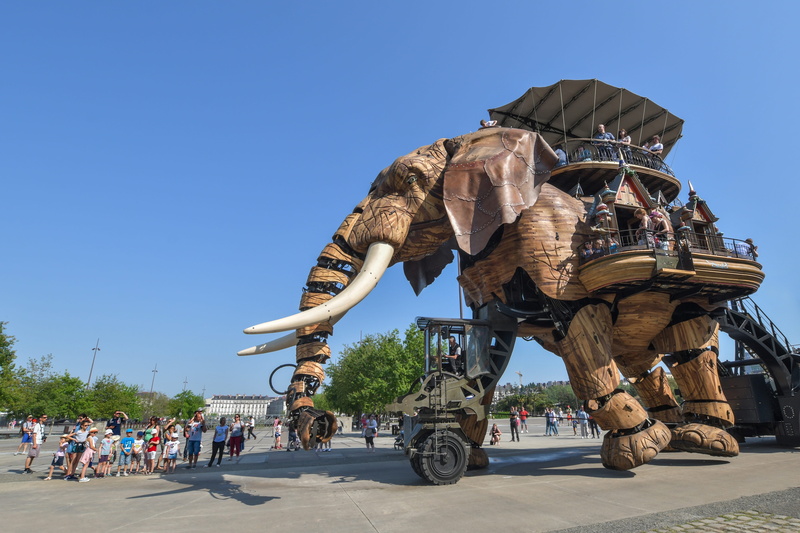 crowd, road, attraction, the machines, creativity, city, giant, elephant, group of people, wood, day, transportation, clear sky, sky, nature, articulated