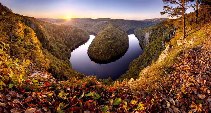 Sunset, Autumn, May sunset, trees, 1080P, green, podzim, may, leaves, prospect, vltava