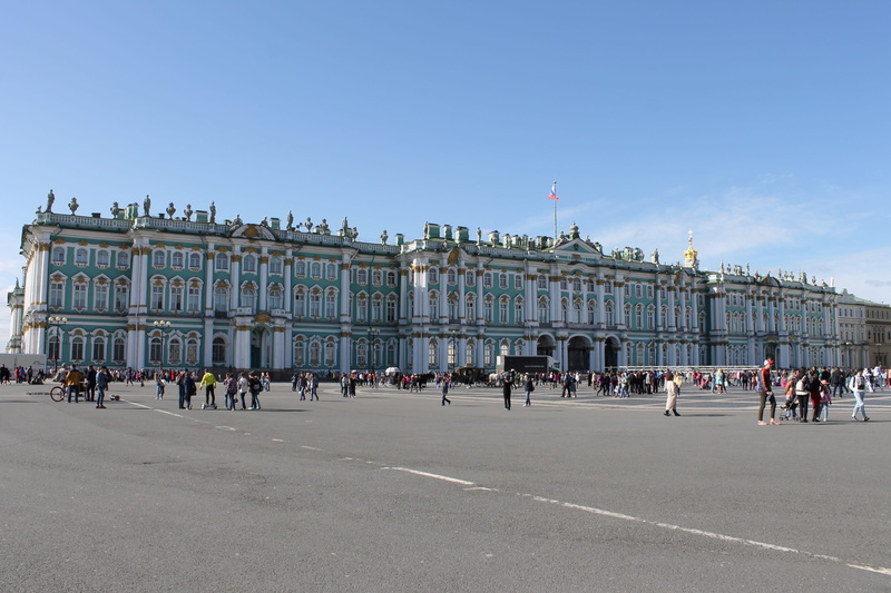 winter palace, clear sky, large group of people, palace square, outdoors, sky, 2K, hermitage, nature, architecture, st petersburg russia, building exterior