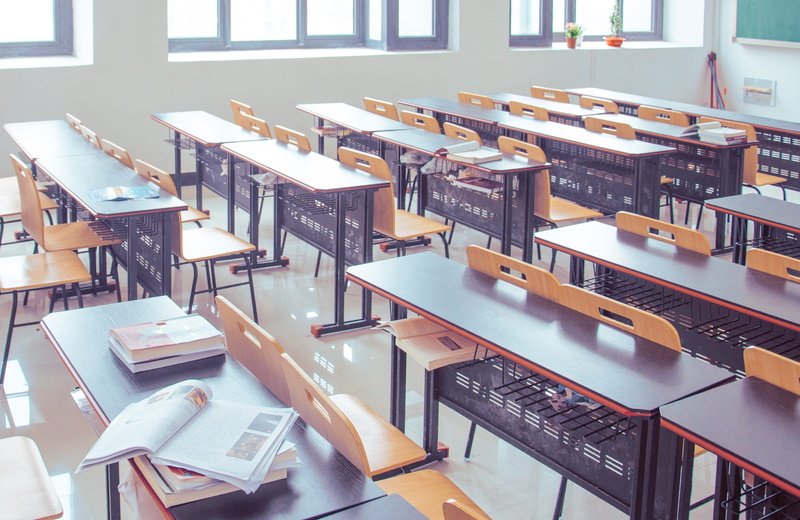 indoors, window, tables, large group of objects, classroom, books, desk, publication, high angle view, arrangement, education, school, architecture, student