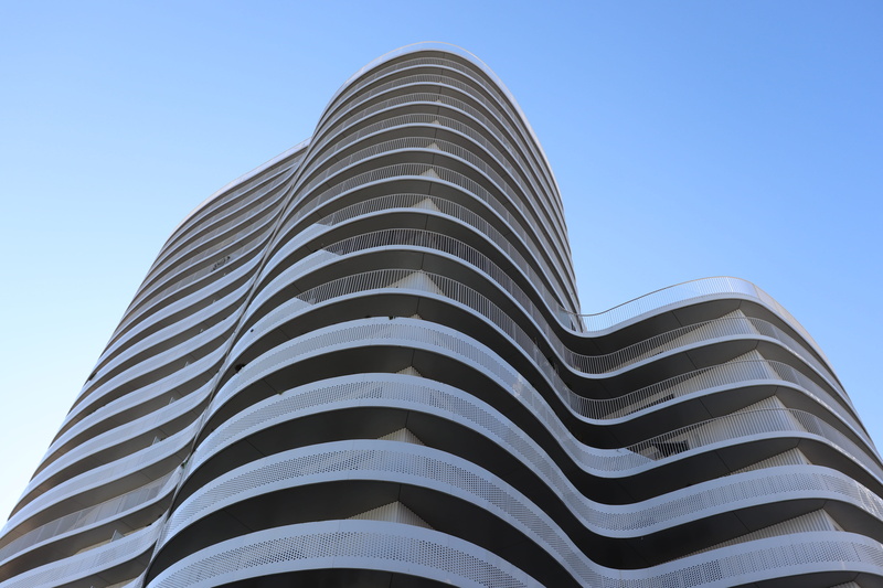 rise, condo, sky, skyscraper, urban, town, white, apartment building, high, blue, low angle view, pattern, office building, zebra, built structure, building exterior