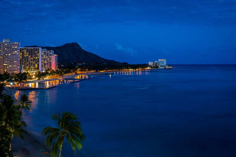 nature, waterfront, bay, illuminated, diamondhead, land, sea, waikīkī, built structure, 5K, sky, blue, city, honolulu, outdoors, building, travel destinations