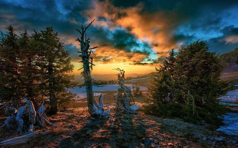 sunset, hills, Oregon, landscape, trees, snow, nature, 720P, clouds, sunlight, fall