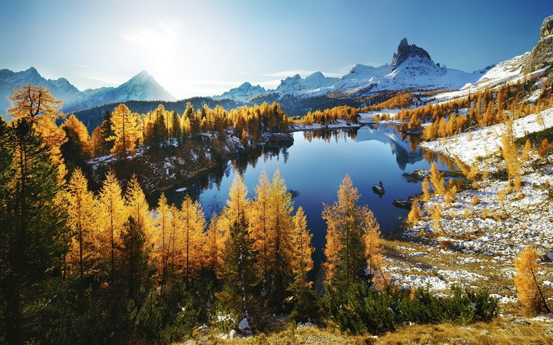 snow, mountains, fall, lake, blue, water, landscape, nature, trees, Dolomites (mountains), forest, 720P