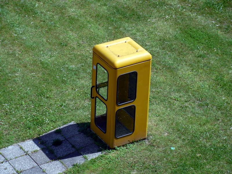 connection, single object, no people, land, technology, outdoors, retro styled, yellow, field, telephone booth, plant, close-up, green color, 2K, grass