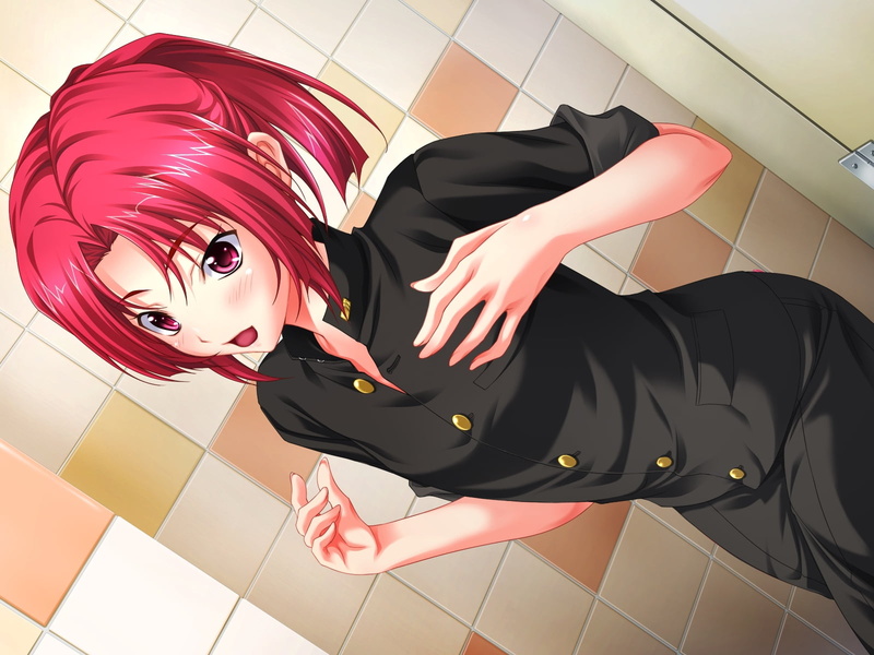 flooring, 720P, indoors, hairstyle, red, young adult, anime, high angle view, lifestyles, adult, beauty, young women, posture, haired, tiled floor, looking at camera