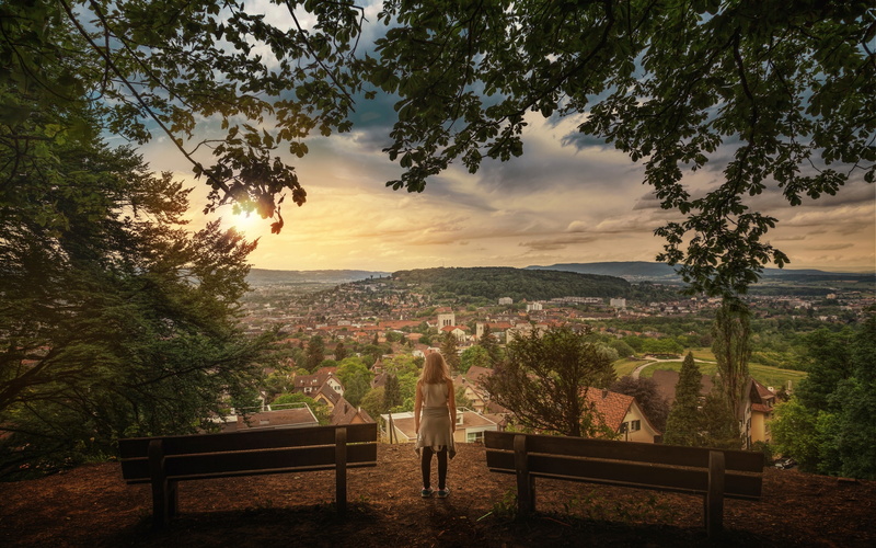 Zurich, 2K, Town, Switzerland, Houses, City, Trees, Girl
