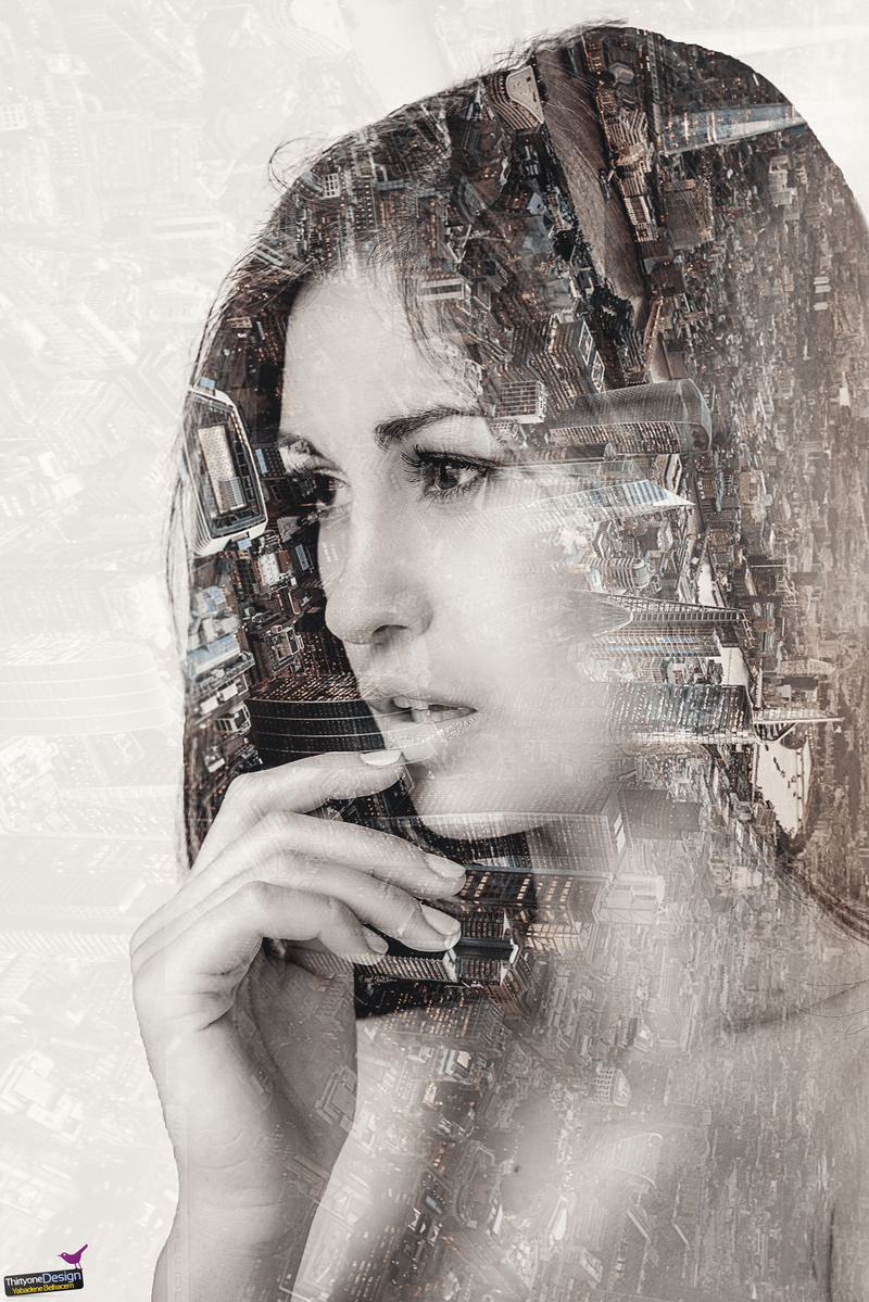 double exposure, profile view, headshot, town, one person, human face, looking, digital composite, beautiful woman, portrait, real people, women, beauty
