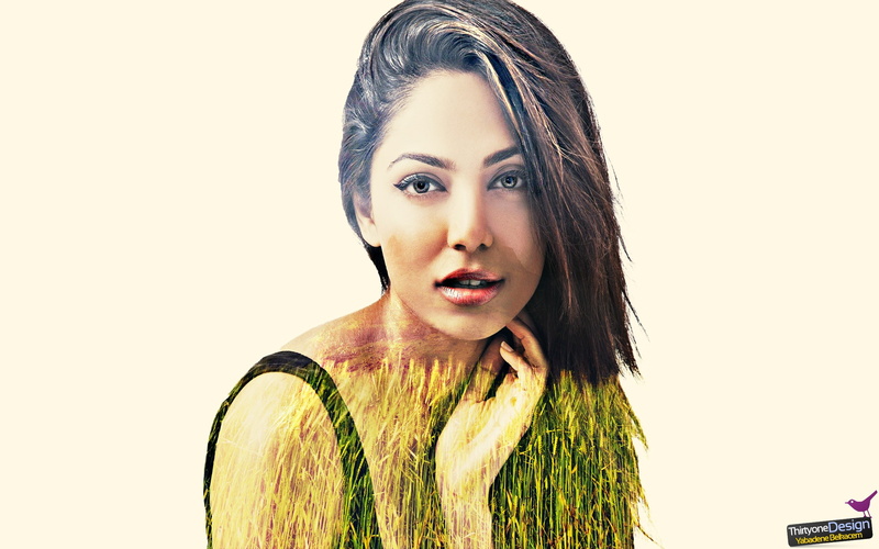 2K, double exposure, white background, one person, hair, headshot, front view, women, beautiful woman, indoors, portrait, studio shot, effects, copy space