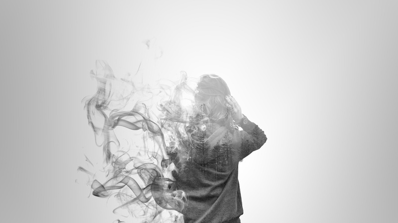 back, 1080P, rear view, women, trees, double exposure, monochrome, smoke