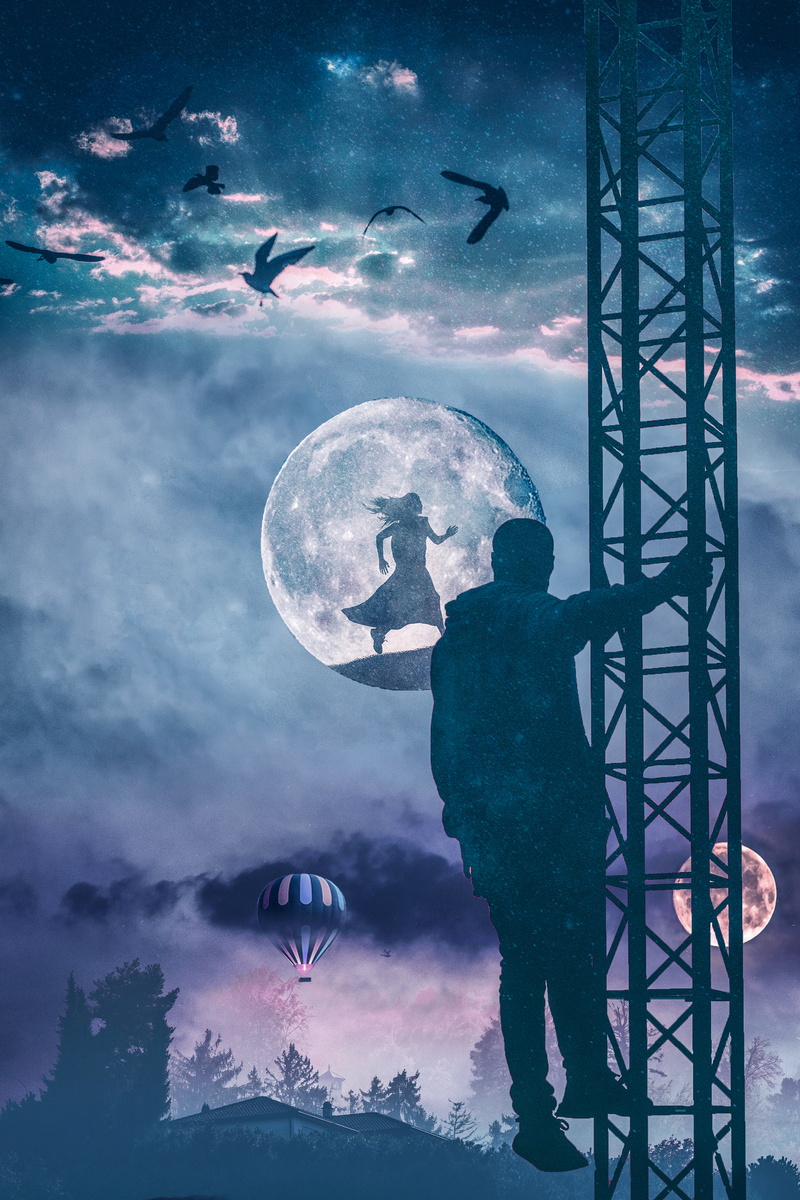 Dream girl, Night, Man, Starry sky, Double exposure, 5K, 4K, HD, Moon