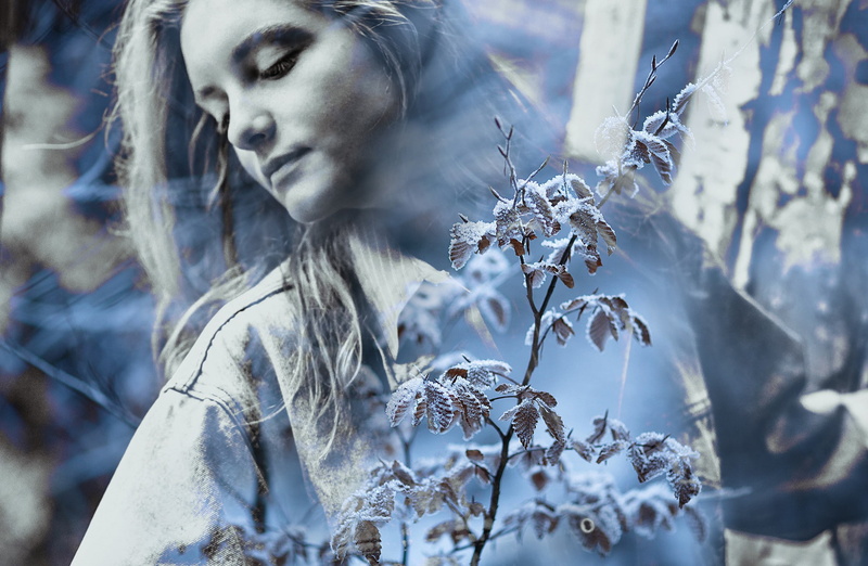 leaves, women, closed eyes, winter, double exposure, 1080P