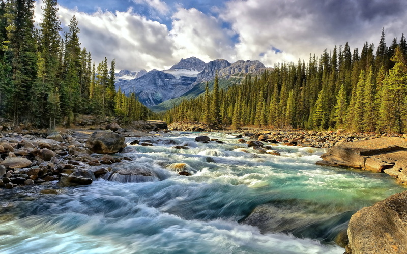 mountain, river, 1080P, Canada, Alberta