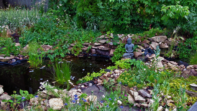 nature, lake, tree, green color, oil painting, stone - object, leafed, no people, beauty in nature, stream - flowing water, rock - object, land, Buddha