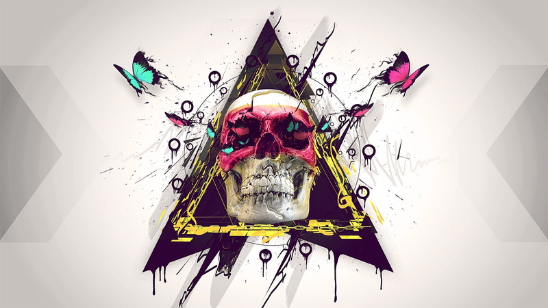 digital/artwork, blue, 720P, yellow, abstract, wallpapaer, pink, butterfly, skull, black, hd