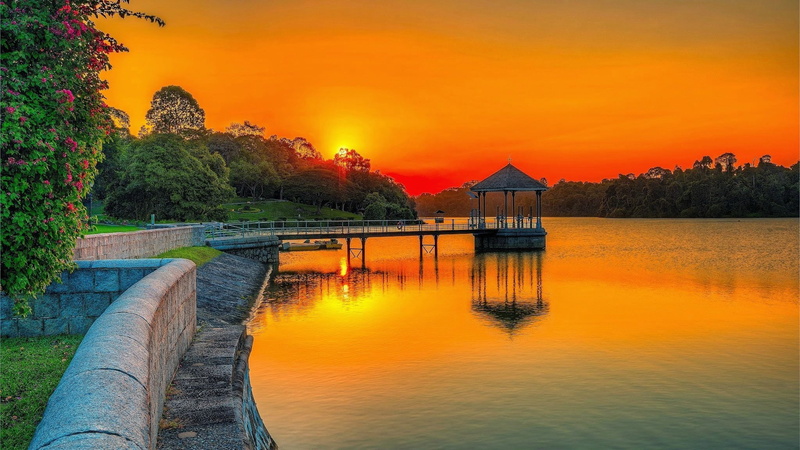 orange, sky, lake, platform, forest, wooden, green, sunset, garden, full, hd, trees, 1080P, park, summer