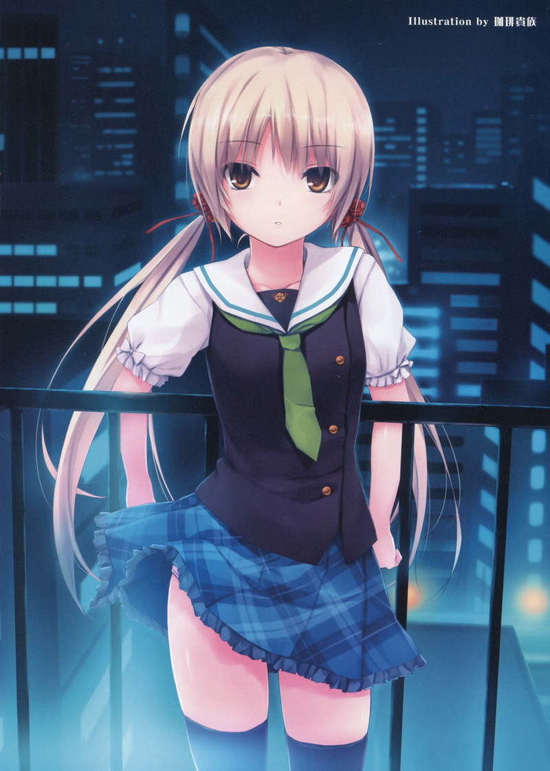 anime, 2K, highs, girls, hot, coffeekizoku, seifuku, night, hd, cityscapes, skirts, art, wind, thigh, twintails, blondes