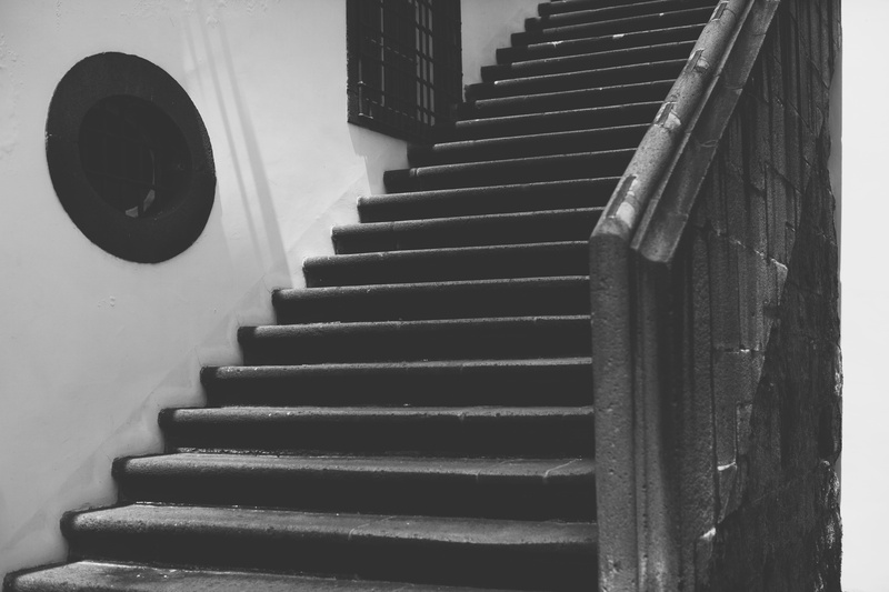 day, stone, railing, wall - building feature, metal, pattern, vintage, porthole, brick, black and white, direction, 5K, no people, repetition, building