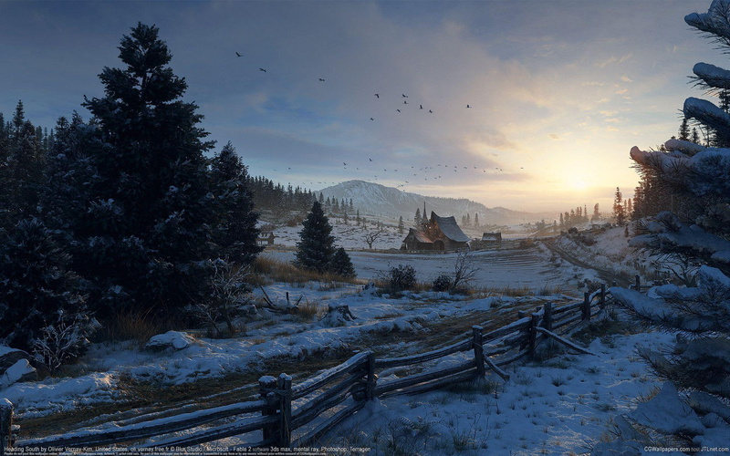 winter, heading, season, south, snow, olivier vernay-kim, nature, 1080P, mornin, white, digital painting