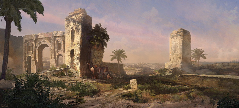 desert, Travis M Couch, artwork, ruins, camels, landscape, 720P, digital