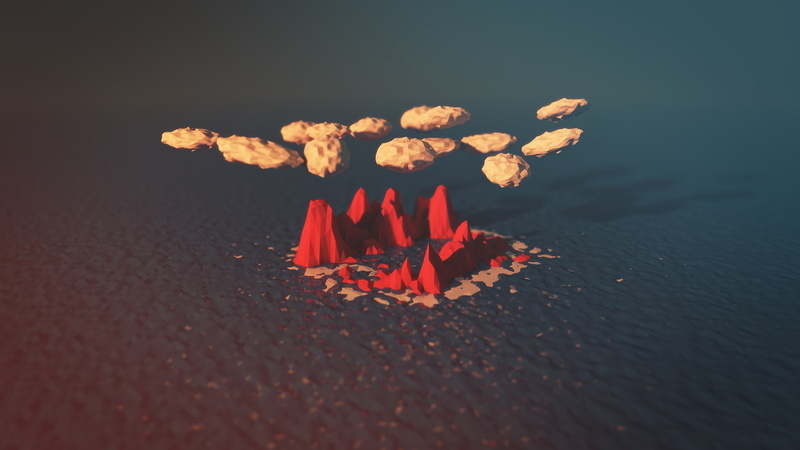 red, digital/artwork, art, ocean, painting, stones, polygon, island, hd, 1080P, rocks, clouds