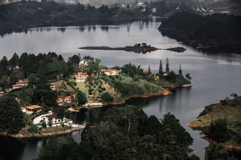 colombia, nature, island, ocean, building, scenery, day, shoreline, guatape, aerial view, no people, tree, tranquil scene, reflection, el peñol, scenics - nature