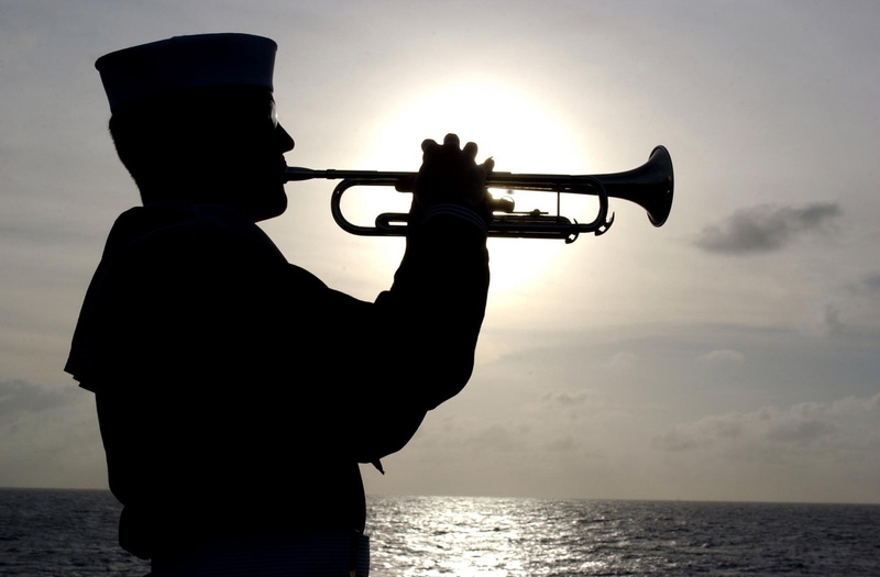 instrument, horizon over water, holding, trumpeter, photography, 1080P, men, trumpet, sea, horizon, one person, military, ship, sunset, brass, ocean, duty