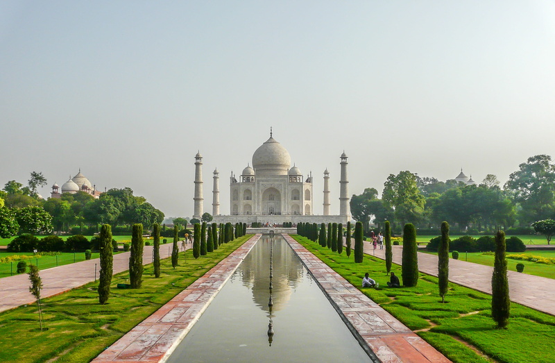 water, religion, lake, nature, incidental people, ornamental garden, outdoors, reflection, plant, taj mahal, world, travel, sky, agra, asia, the past, tourism