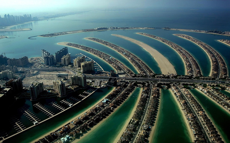 jumeira, Dubai, outdoors, aerial view, city, palm, 1080P, office building exterior, transportation, water, track, beach, island, high angle view, building exterior