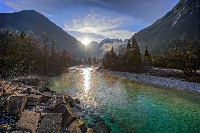 cloud - sky, lake, sunlight, Tolmin, idyllic, beauty in nature, tranquility, mountain, tranquil scene, the valley of soča, flowing water, tree, sunbeam