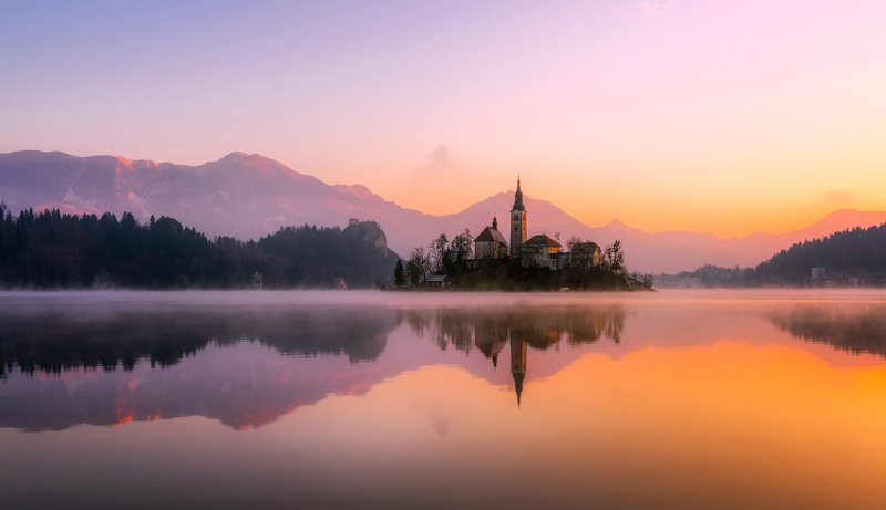 tranquility, environment, mountain, beautiful, architecture, reflection, castle, sky, woods, dawn, panorama, trees, tree, forest, no people, church, morning
