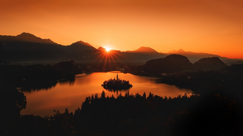 Sunset, Slovenia, Lake Bled, Lake, Churches, Mountain, 1080P, Sunbeam, Assumption Of Mary Church, Twilight