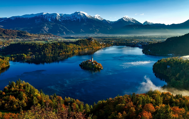 sky, 1080P, fall, island, lake, non-urban scene, picturesque, mountain range, scenic, reflections, bled, mountain peak, reflection, church, idyllic, colorful
