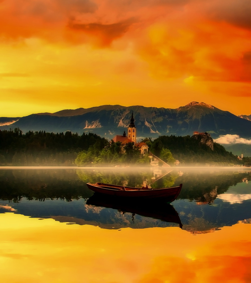 reflections, idyllic, beautiful, outdoors, tranquility, trees, no people, lake, sky, waterfront, water, nature, orange color, cloud - sky, body, haze, reflection