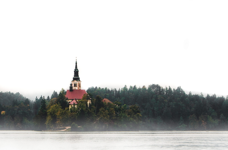 tower, retro, mist, tree, bled, trees, plant, sky, 4K, no people, outdoors, building, photoshop, peaceful, place of worship, fog, unknown, beautiful, copy space