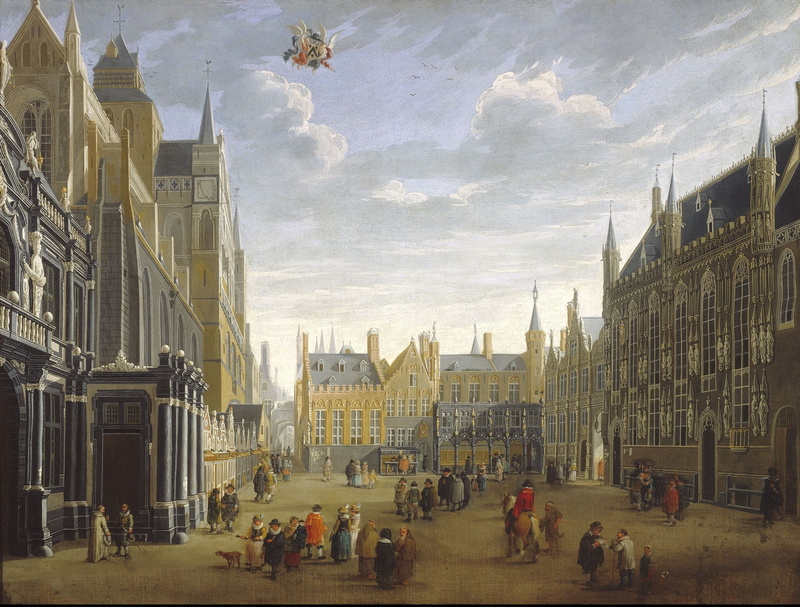 Oil Painting, 720P, painting, Bruges, Traditional Art, Jan Baptist van Meunincxhove, Belgium, clouds, Old Building, Town Square, artwork, People