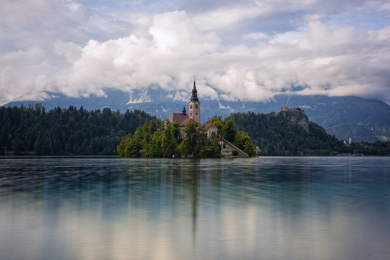 lake, island, Bled, Slovenia, clouds, Church, the sky, 1080P