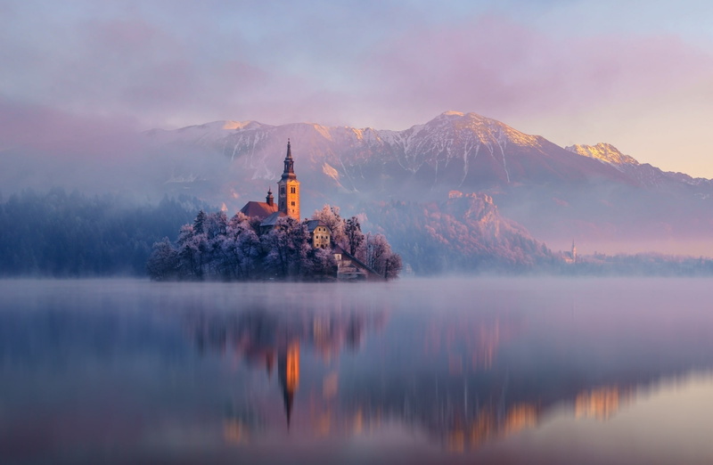Europe, outdoors, white, belief, mountain, Island, Slovenia, mountain range, Mountains, cloud - sky, built structure, building exterior, illustration, Reflection