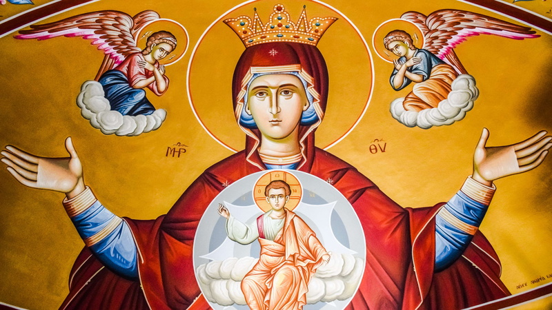 ayios georgios church, religion, high angle view, queen of heaven, human representation, indoors, representation, spirituality, adult, teenager, faith