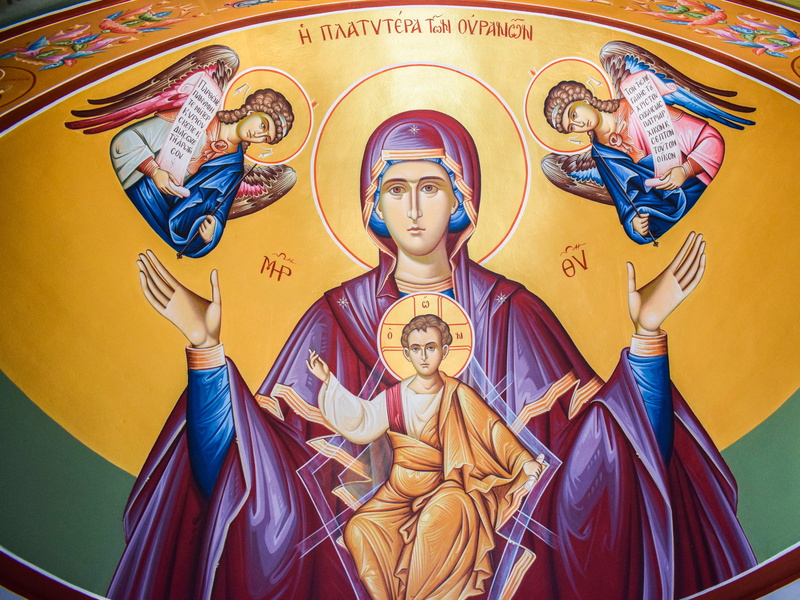 indoors, representation, religious, faith, christianity, art and craft, ayia napa, day, painted image, cyprus, creativity, low angle view, queen of heaven