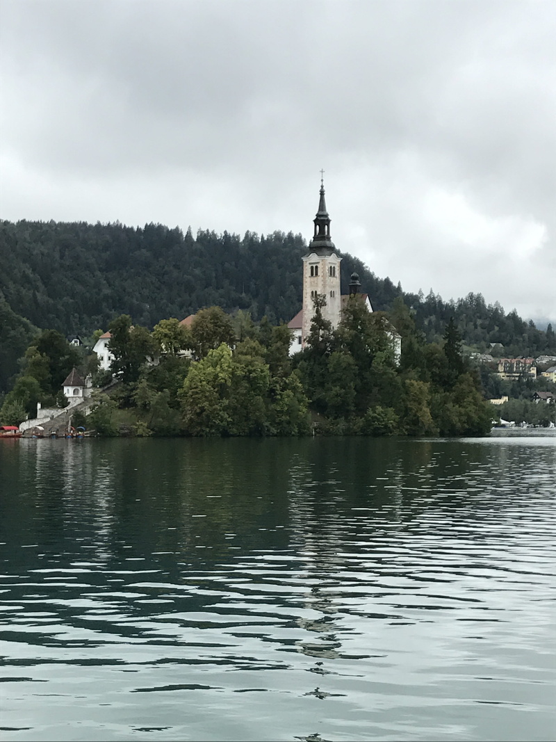 place of worship, water, sky, architecture, outdoors, building, nature, built structure, plant, slovenia, religion, spire, tree, castle, 4K, reflection