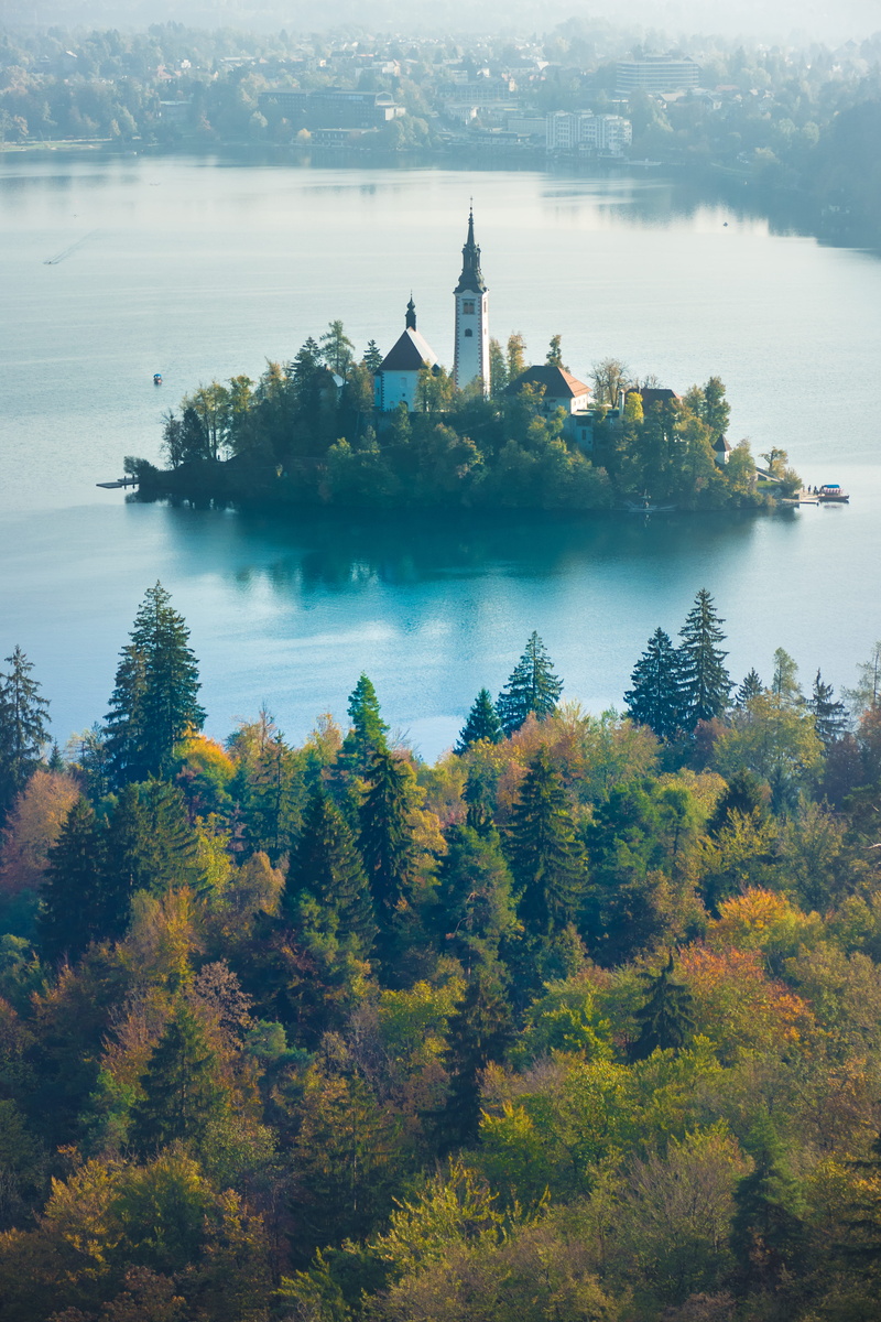 body, slovenia, ocean, sunset, land, no people, 5K, worship, dusk, tranquility, tranquil scene, sky, building exterior, bled, sunrise, water, high angle view