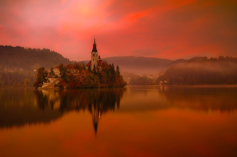 tranquility, lake, landscape, sunset, castle, mist, fog, scenics, town, travel, blue, beauty in nature, tourism, religion, scenics - nature, trees, slovenia
