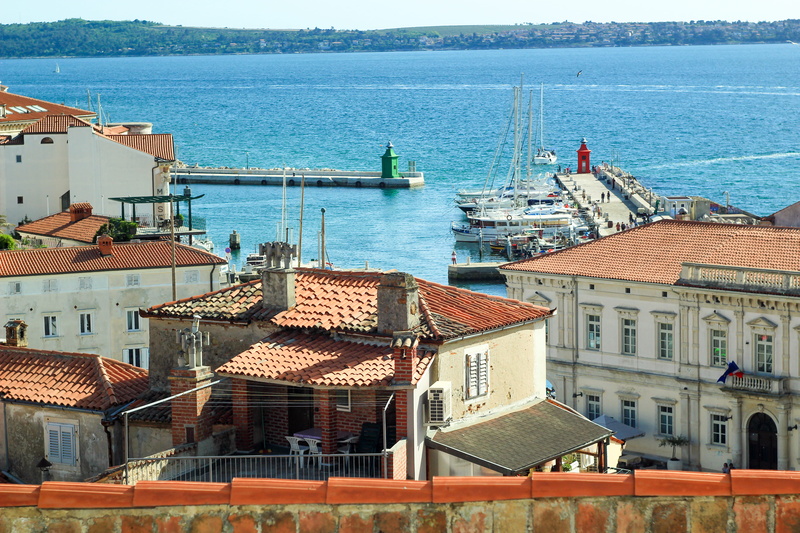5K, house, bay, high angle view, historic, travel, wall, ship, building exterior, piran, residential district, sea, day, architecture, nature, transportation