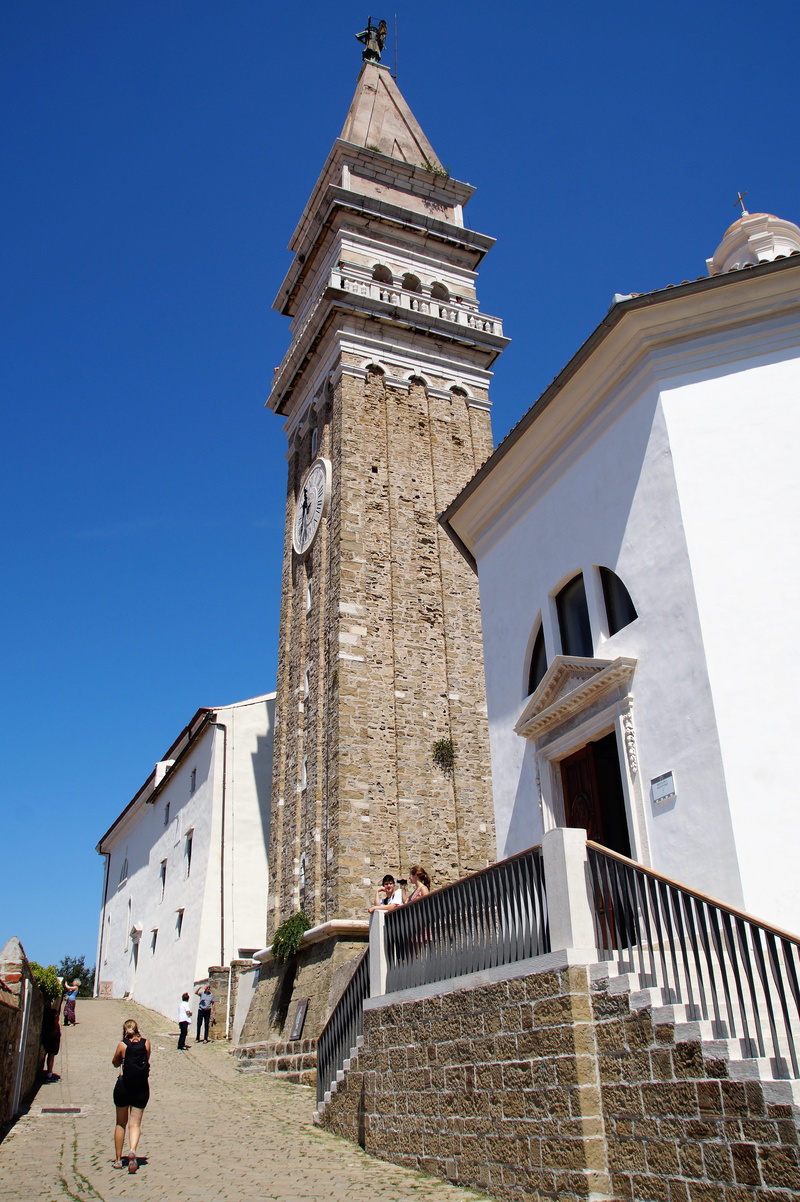 low angle view, spirituality, history, building exterior, clock, clear sky, architecture, day, blue, nature, slovenia, historical, the city of piran, 5K