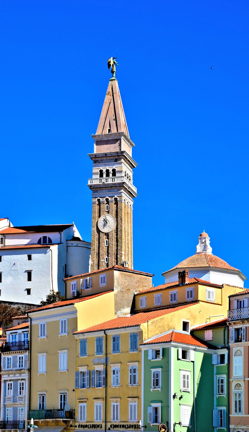 colorful, spire, religion, piran, building, blue, no people, summer, outdoors, church, belief, clock tower, nature, day, built structure, sun, 4K, city