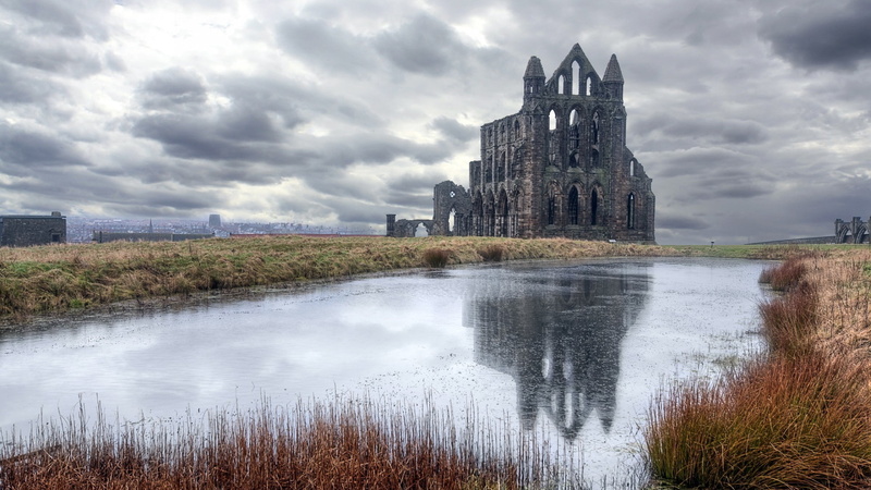 church, ruin, 1080P, Whitby Abbey, reflection, overcast, clouds, cathedral, UK