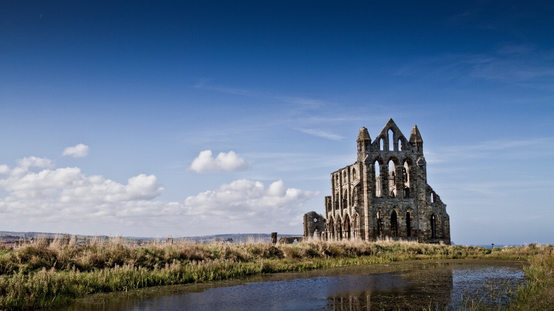 river, church, 2K, Whitby Abbey, England