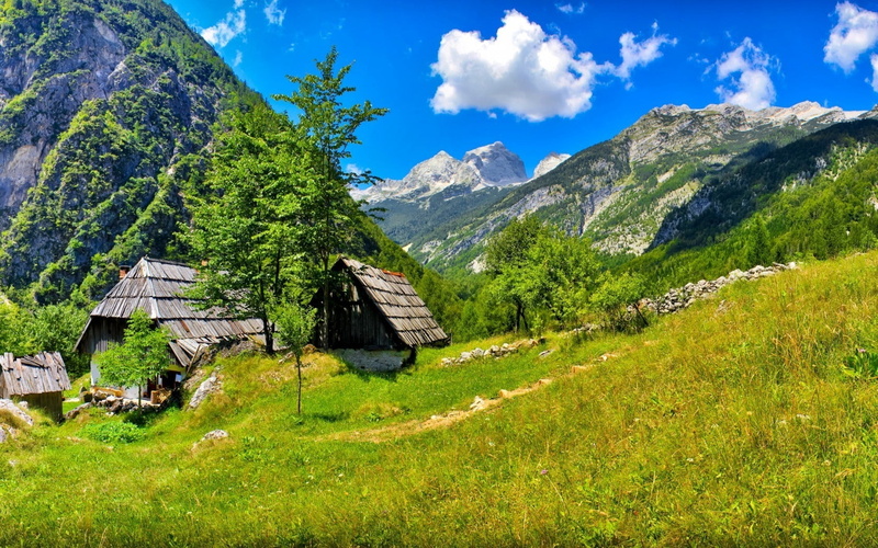 landscape, grass, bovec, mountains, slovenia, nature, 720P